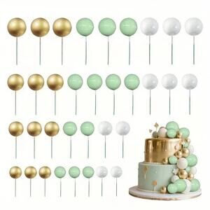 50x Green Mint/White/Gold Ball Birthday, Anniversary, Wedding Cake Toppers